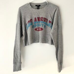 Forever 21 Grey Cropped Waffle Knit Graphic Long Sleeve Tee